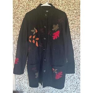 Carr Reed Vintage Wool Coat XL – Embroidered Autumn Leaves, Made in Hong Kong